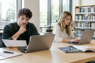 Two students working at a modern university library table with laptops and study materials, in bright natural daylight, focused and collaborating in a calm, professional setting.