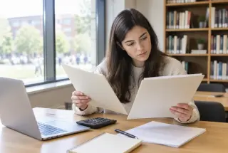 Étudiant comparant deux dossiers administratifs à son bureau avec un ordinateur portable, dans un espace de travail lumineux.